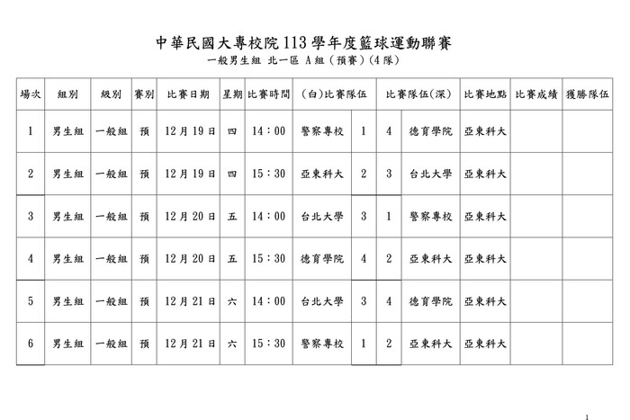 預賽賽程表